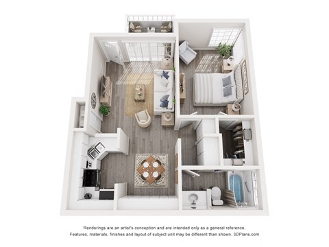 Floor plan for 1 bed, 1 bath, 623 sqft